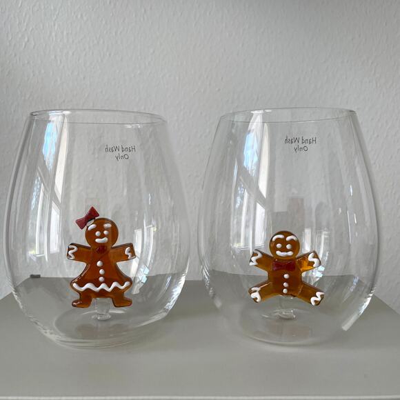NEIMAN MARCUS Gingerbread Man Stemless Wine Glass Set of 2 Holiday Barware NEW - Picture 12 of 12
